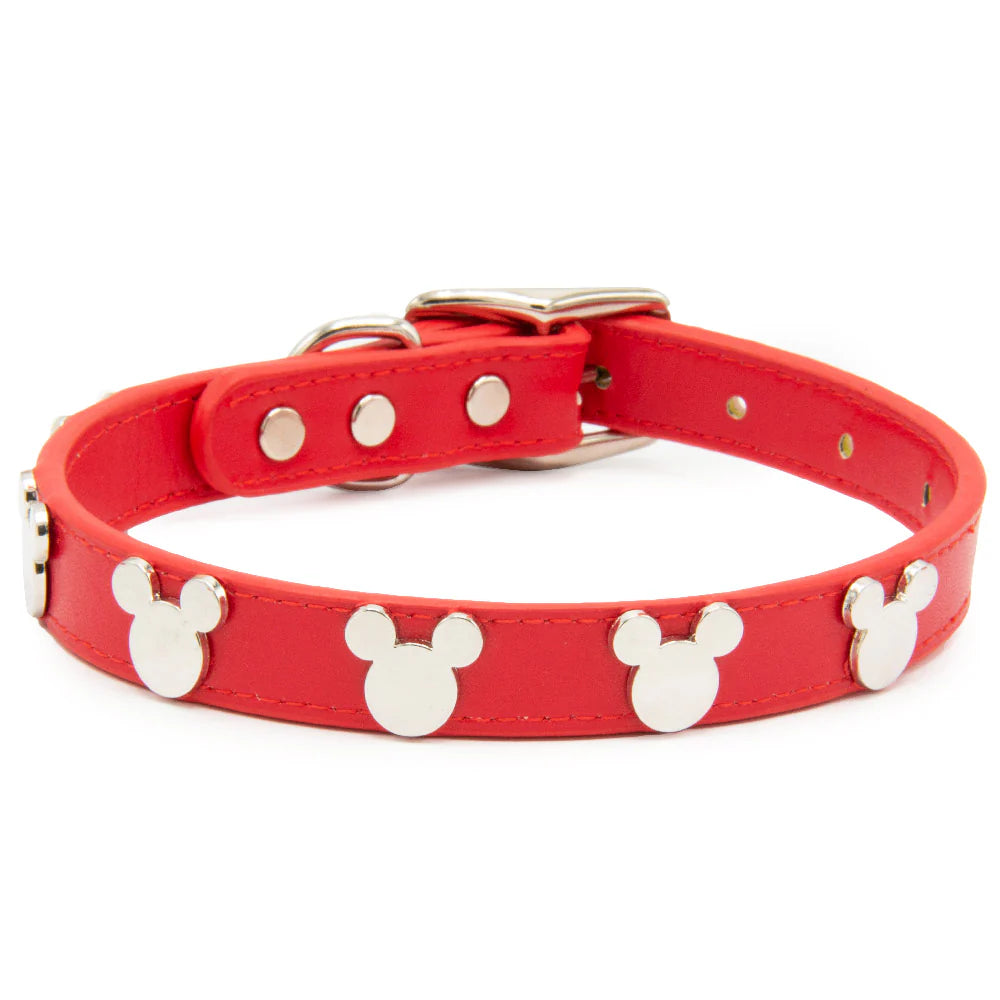 Vegan Leather Dog Collar - Mickey Mouse Head Icon Embellishments and Charm