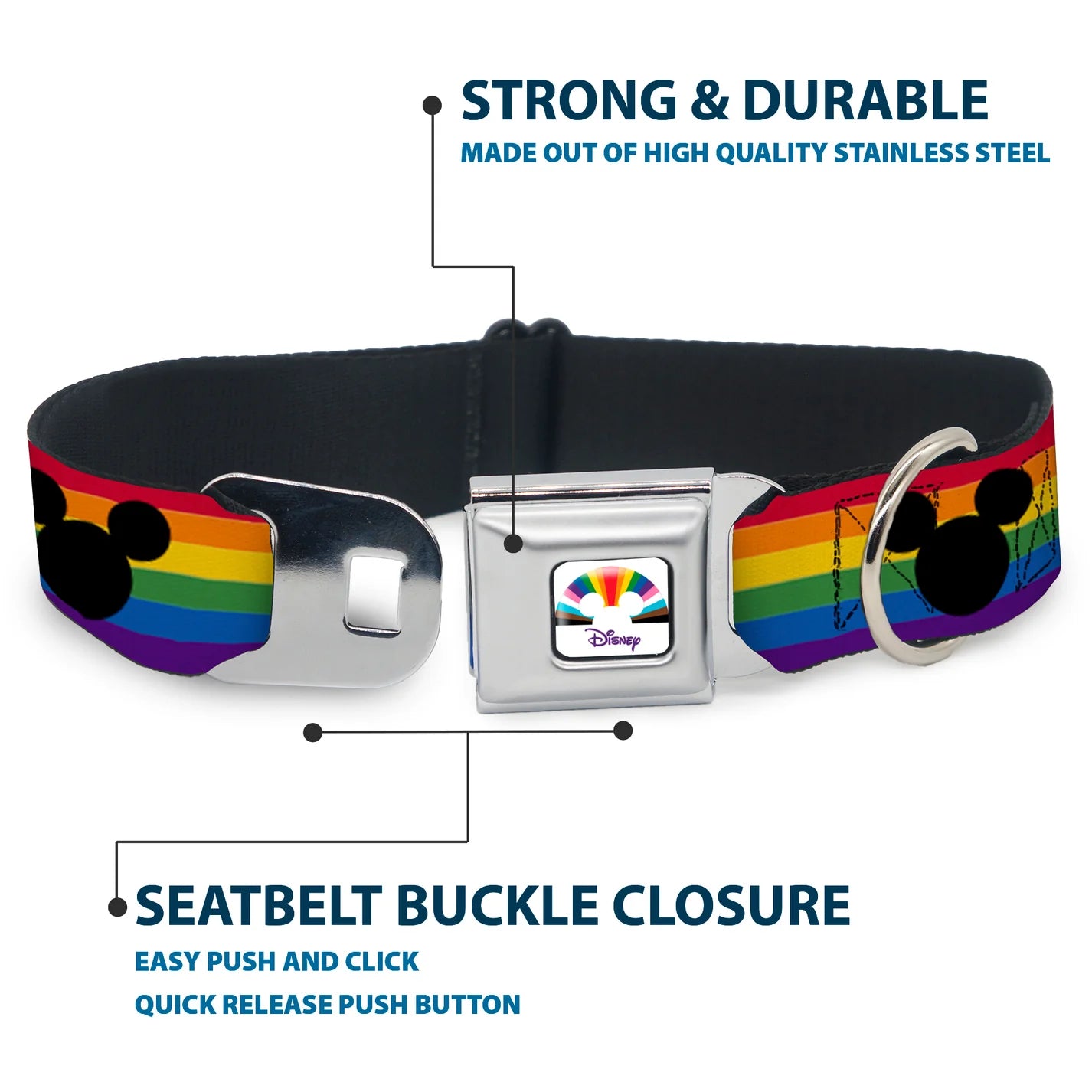 Mickey Mouse Ears Icon Rainbow Pride Flag -Seatbelt Buckle Collar