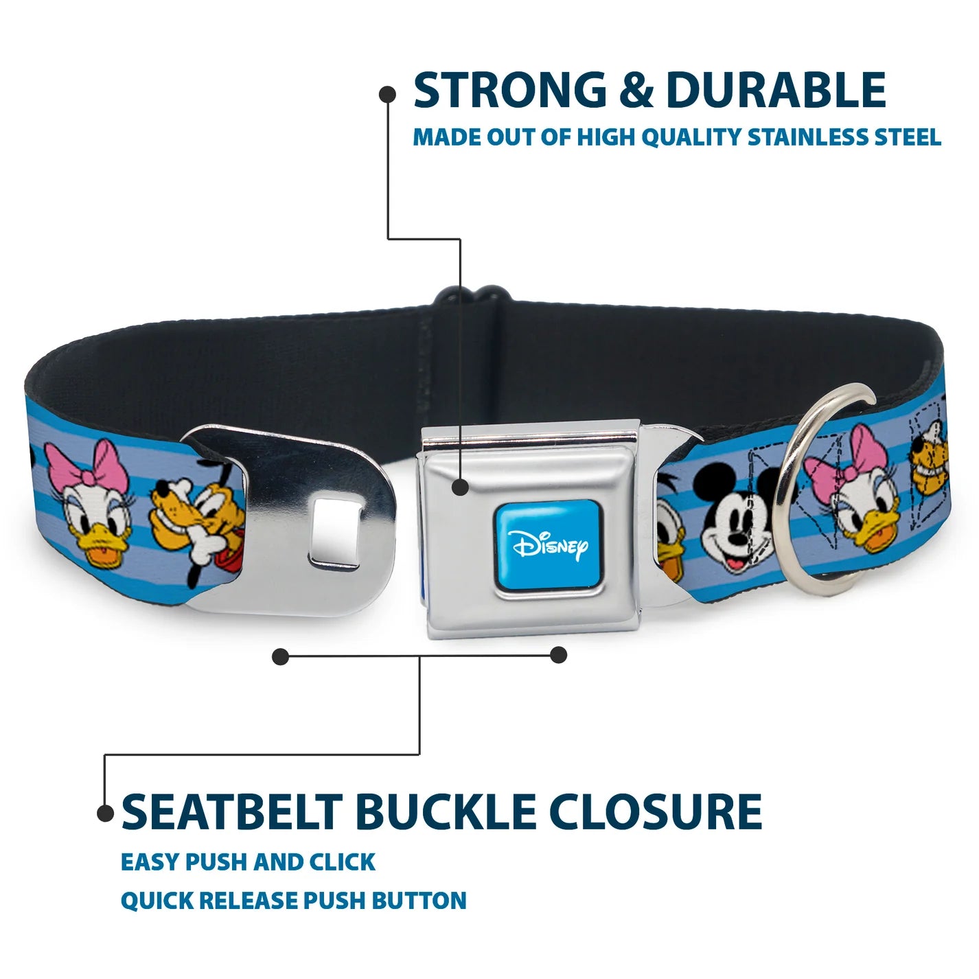 Disney Characters Smiling Faces, Seatbelt Buckle Collar Blue