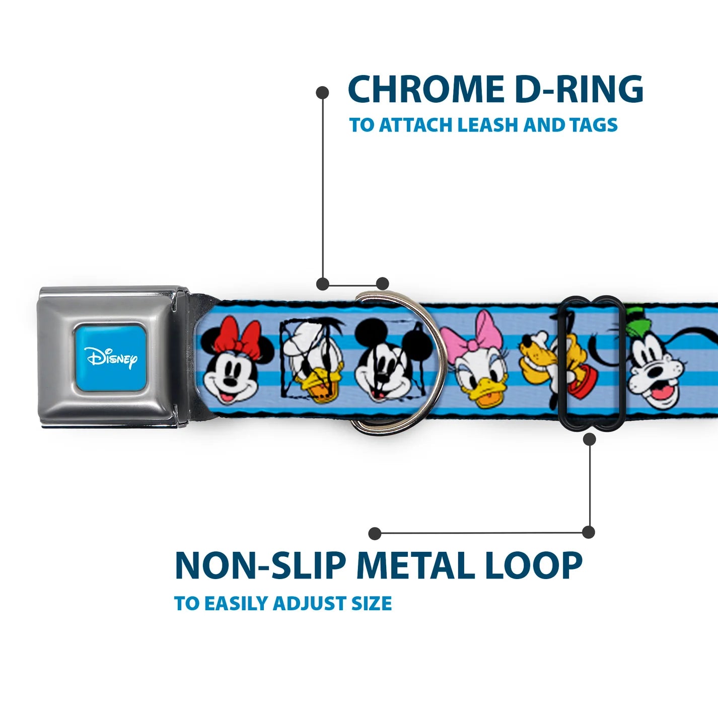 Disney Characters Smiling Faces, Seatbelt Buckle Collar Blue