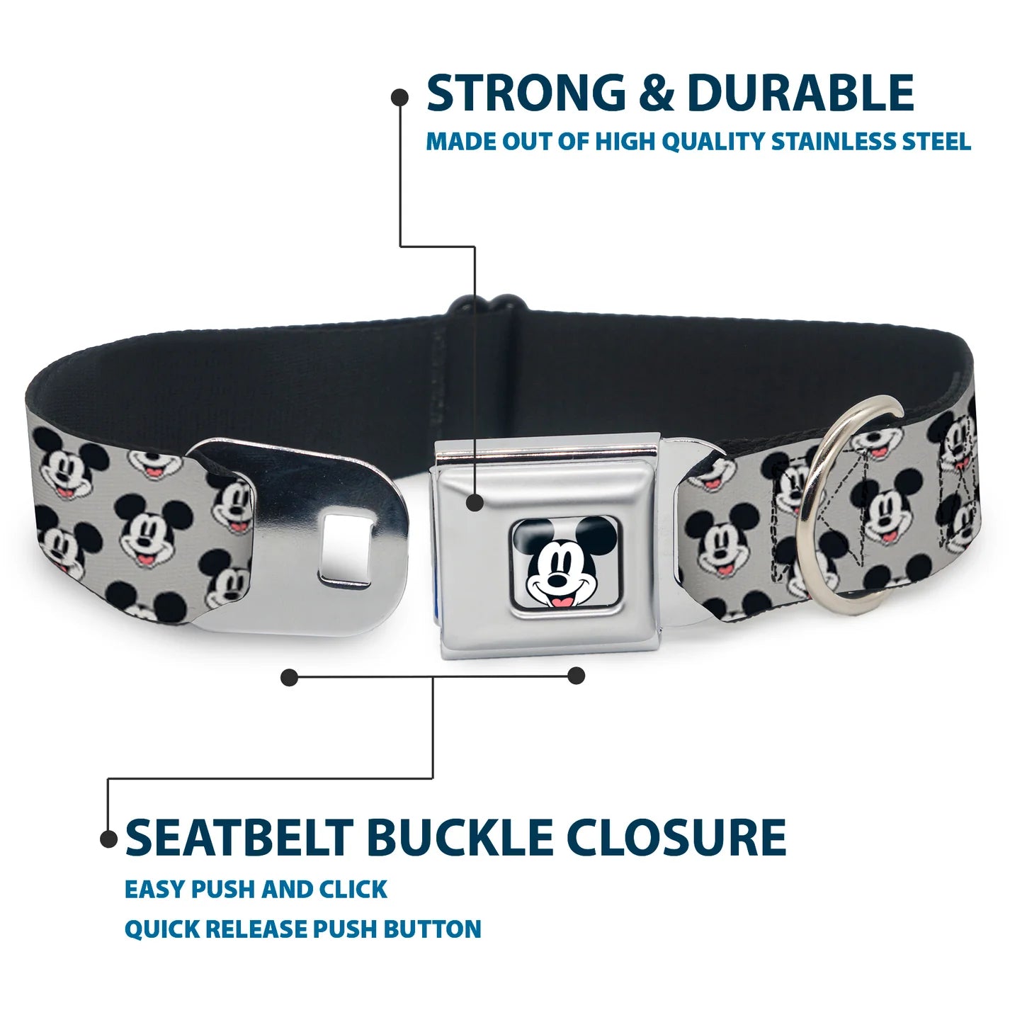 Disney Mickey Mouse Smiling Face Monogram, Seatbelt Buckle Collar Gray
