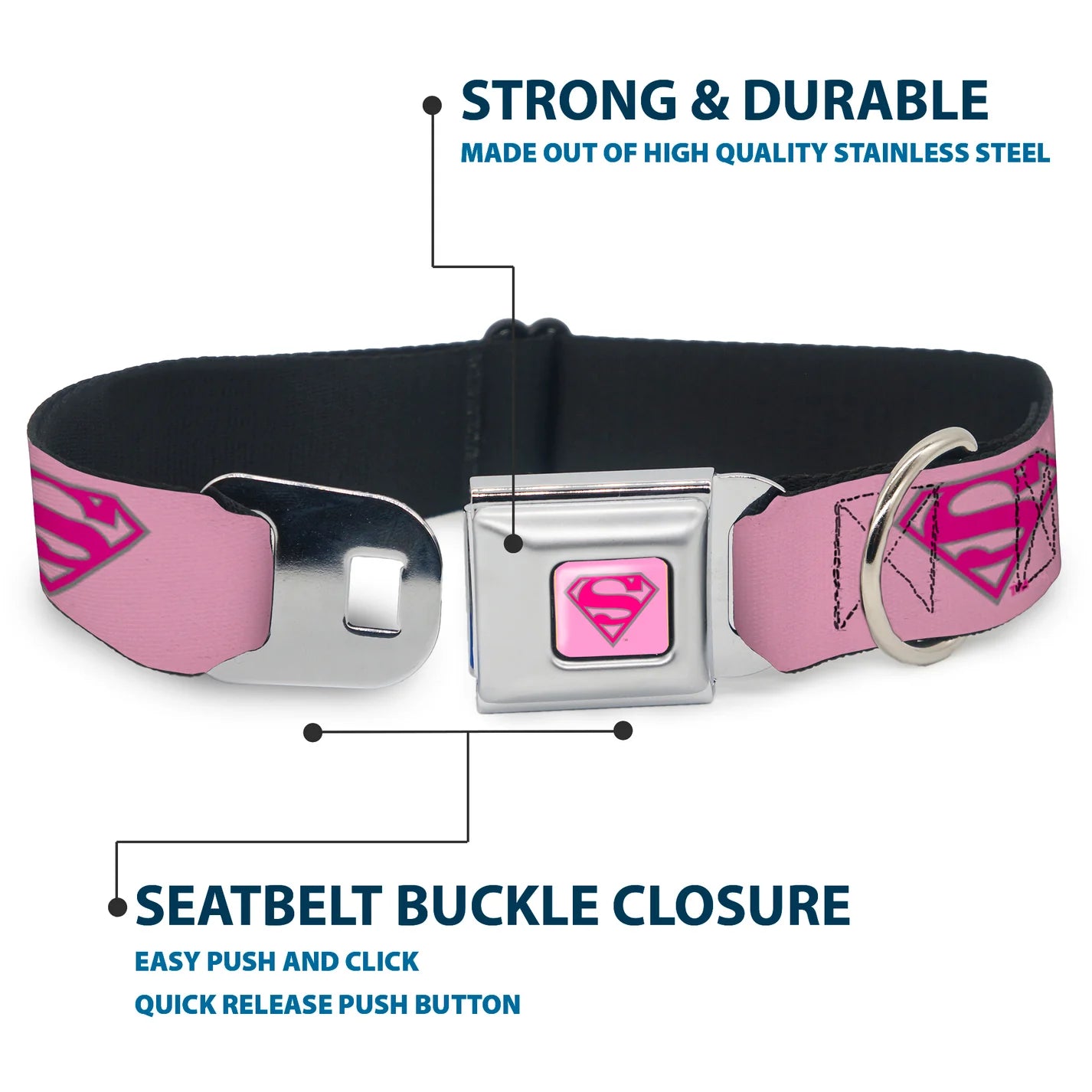 Superman Shield Pink, Seatbelt Buckle Collar