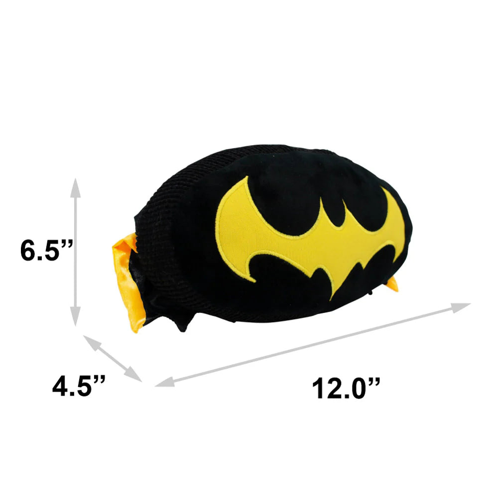 Black beanie with yellow bat symbol and measurements on a white background