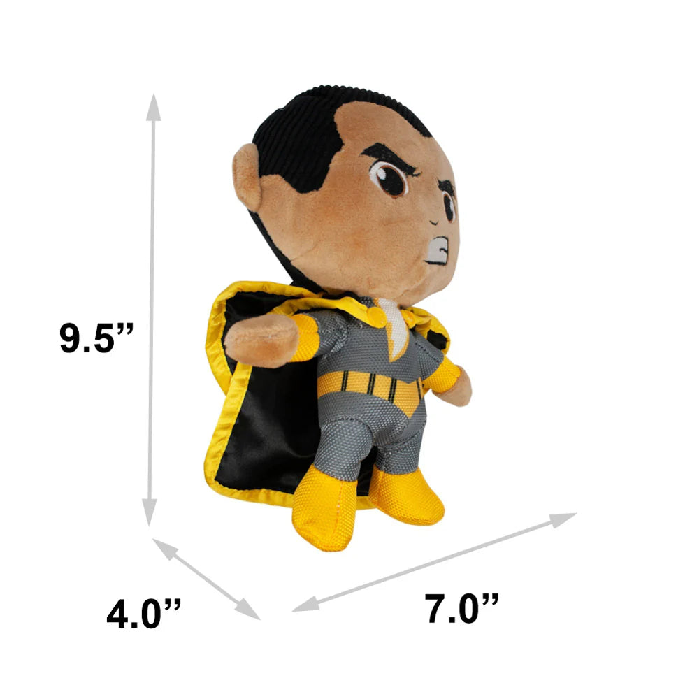 Plush toy resembling a superhero character with a yellow cape and gray outfit on a white background, DC Comics dog toys.