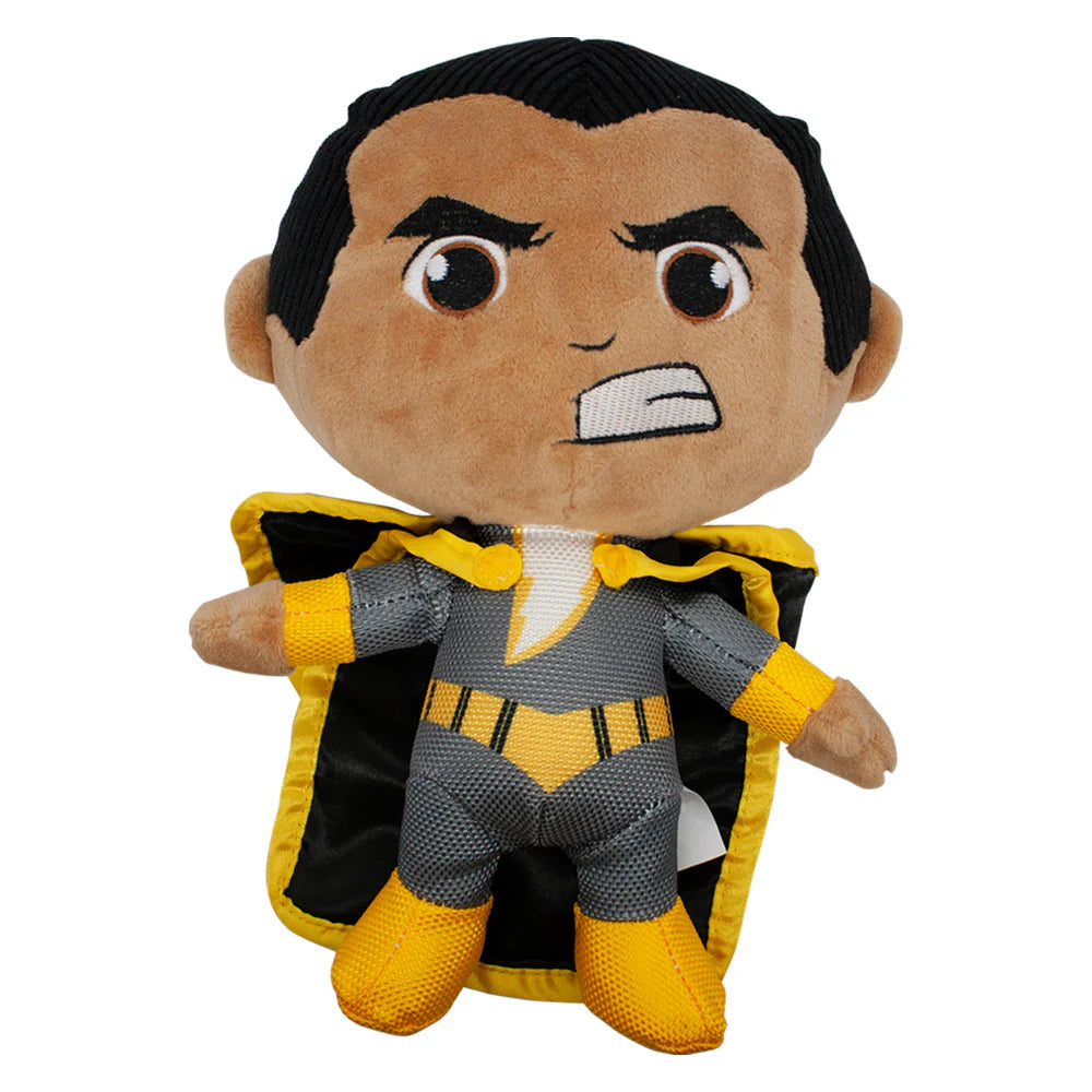 Plush toy resembling a superhero character with a yellow cape and gray outfit on a white background, DC Comics dog toys.