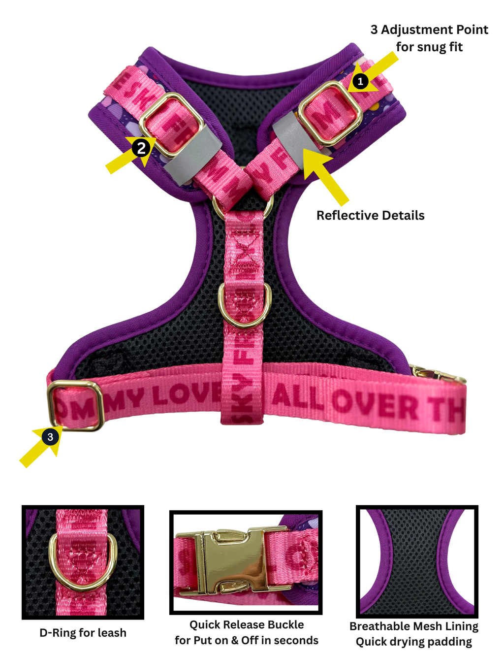 Dog harness No Pull / No Choke technology - protects your dog’s neck, muscles, and bones.
Ultra-lightweigh, breathable for everyday use, Quick-release buckle + adjustable straps for a secure and comfy fit.

