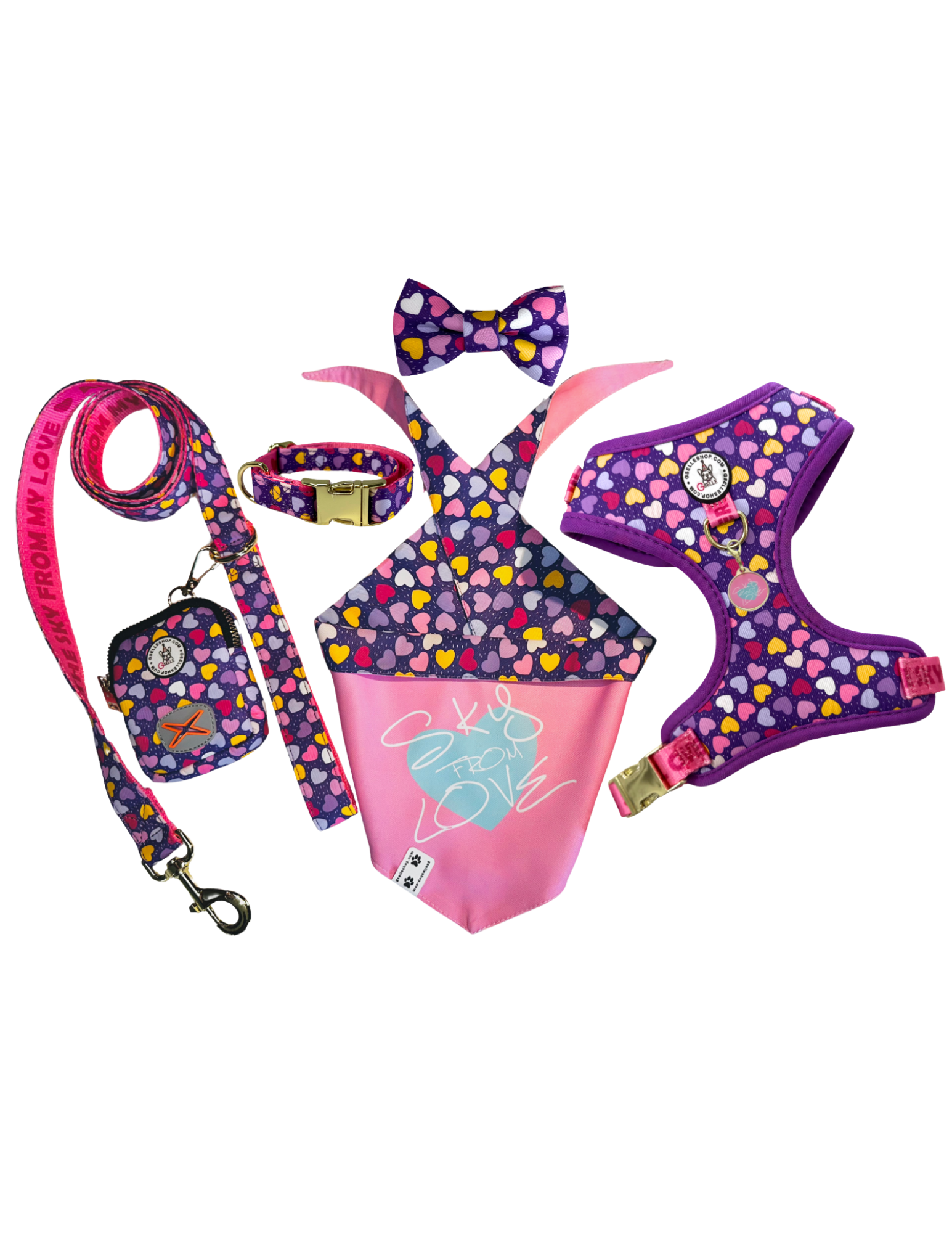 GiGi’s Collection Fashion seven piece Bundle: a complete set with harness, collar, leash, bow, bandana, tag, and poop bag holder. Designed for pet moms who love comfort, style, and versatility. Lightweight, adjustable, easy to clean, and made with No Pull/No Choke technology to keep your fur baby safe. One bundle, endless looks filled with love! 💖