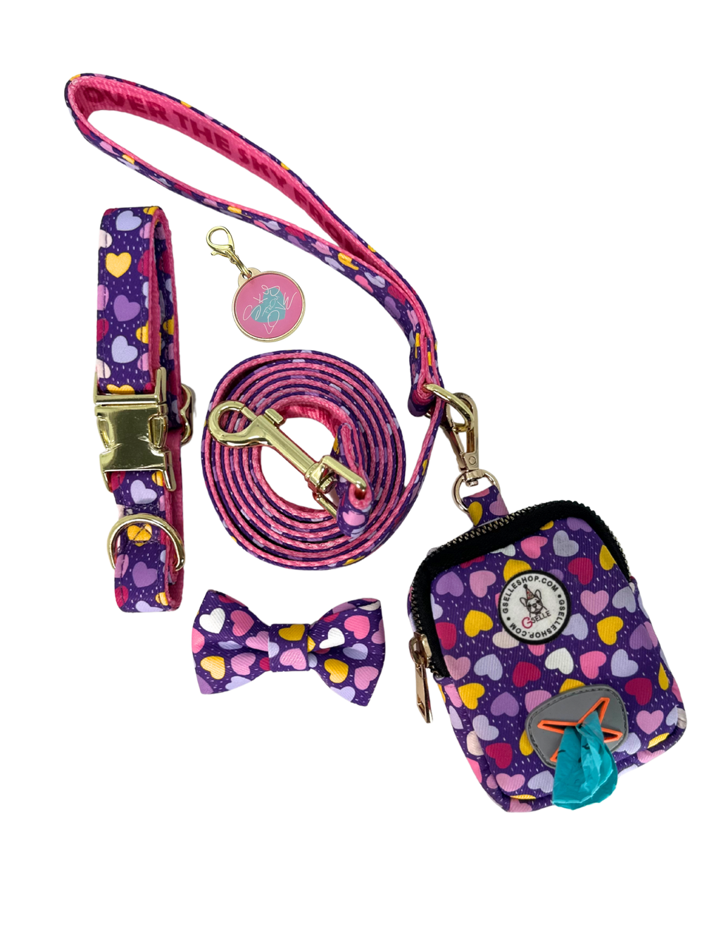 Dog collar 5 piece set, Includes collar, leash, poop bag holder, bow, and tag. 💖 Lightweight, adjustable, easy to clean, and full of fun designs. Made for dog moms who want practicality, comfort, and fabulous style in every walk.