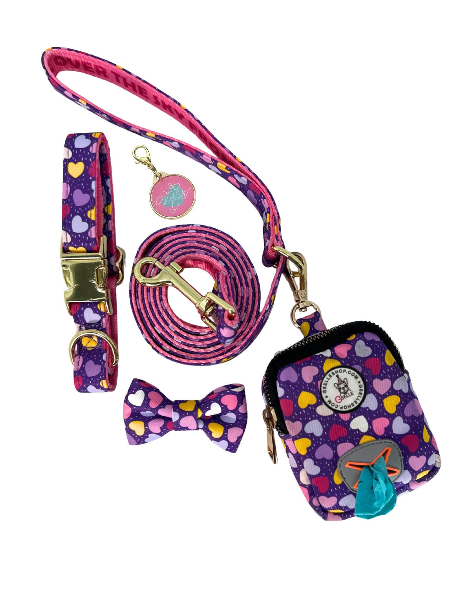 Dog collar 5 piece set, Includes collar, leash, poop bag holder, bow, and tag. 💖 Lightweight, adjustable, easy to clean, and full of fun designs. Made for dog moms who want practicality, comfort, and fabulous style in every walk.