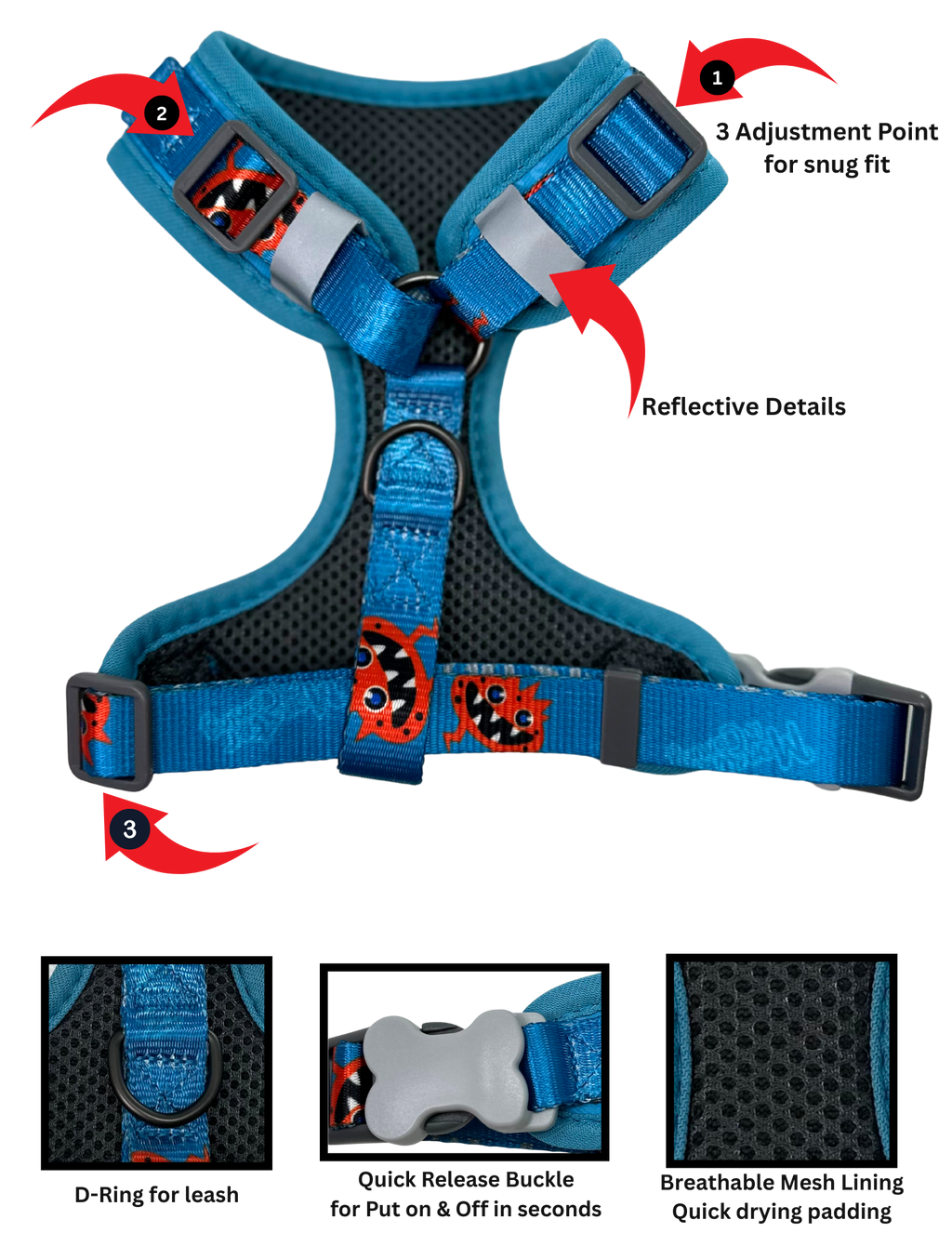  Harness bundle 3 piece - Made with high-density polyester, durable and ready for everyday use.

Breathable mesh lining keeps your pup cool and comfy all day. No Pull / No Choke technology protects muscles and bones.

Quick-release buckle + adjustable straps for easy on/off. 