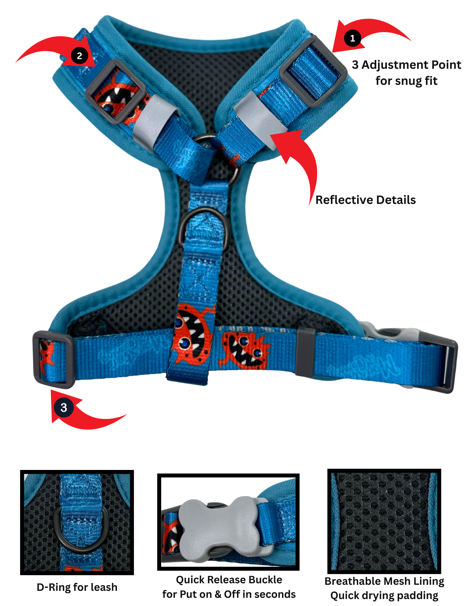  Harness bundle 3 piece - Made with high-density polyester, durable and ready for everyday use.

Breathable mesh lining keeps your pup cool and comfy all day. No Pull / No Choke technology protects muscles and bones.

Quick-release buckle + adjustable straps for easy on/off. 