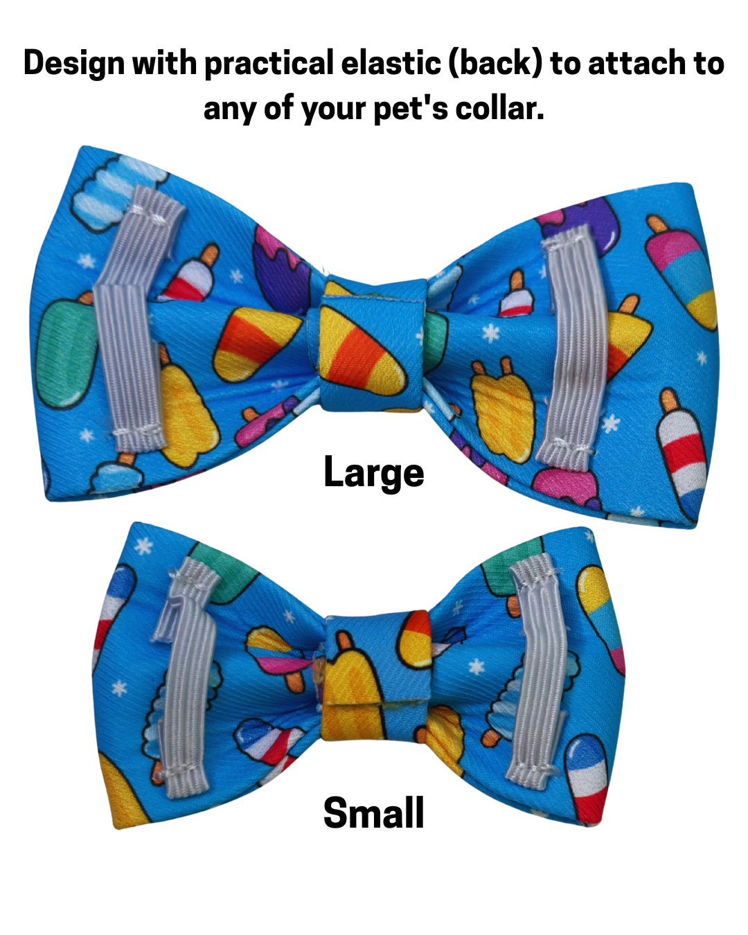 Two colorful pet bow ties with elastic back, one large and one small, on a white background.
